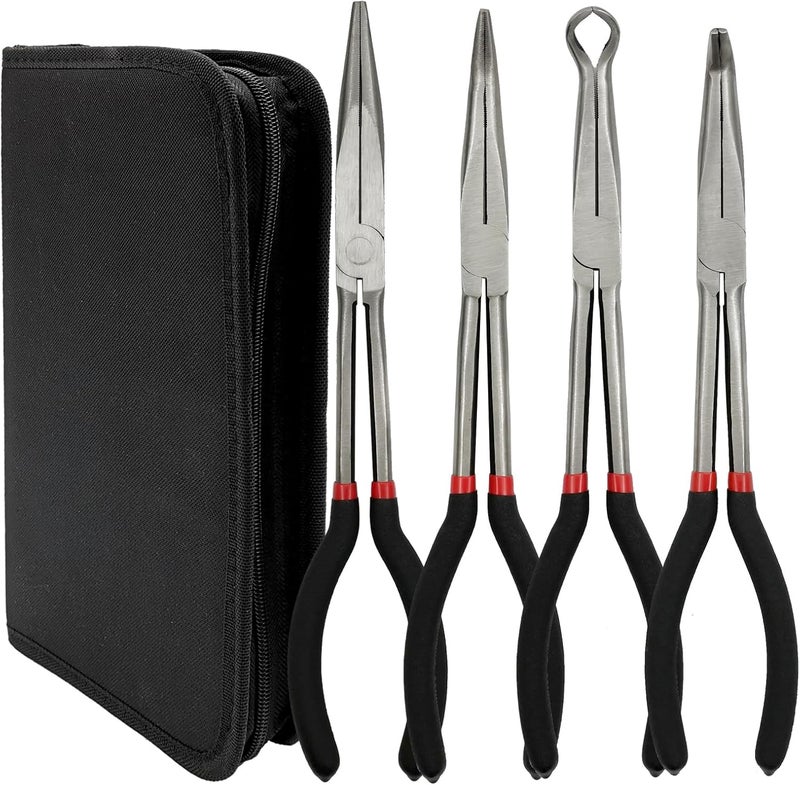 MFBJXC 4 Pack 11" Long Nose Pliers Set with Portable Bag, Insulated Grip - Straight Needle Nose, 45/90 Degree Angle Curved & Circle Tools for Wire Bending, Shaping, Trimming - Image 1